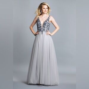 Gray and silver ball gown